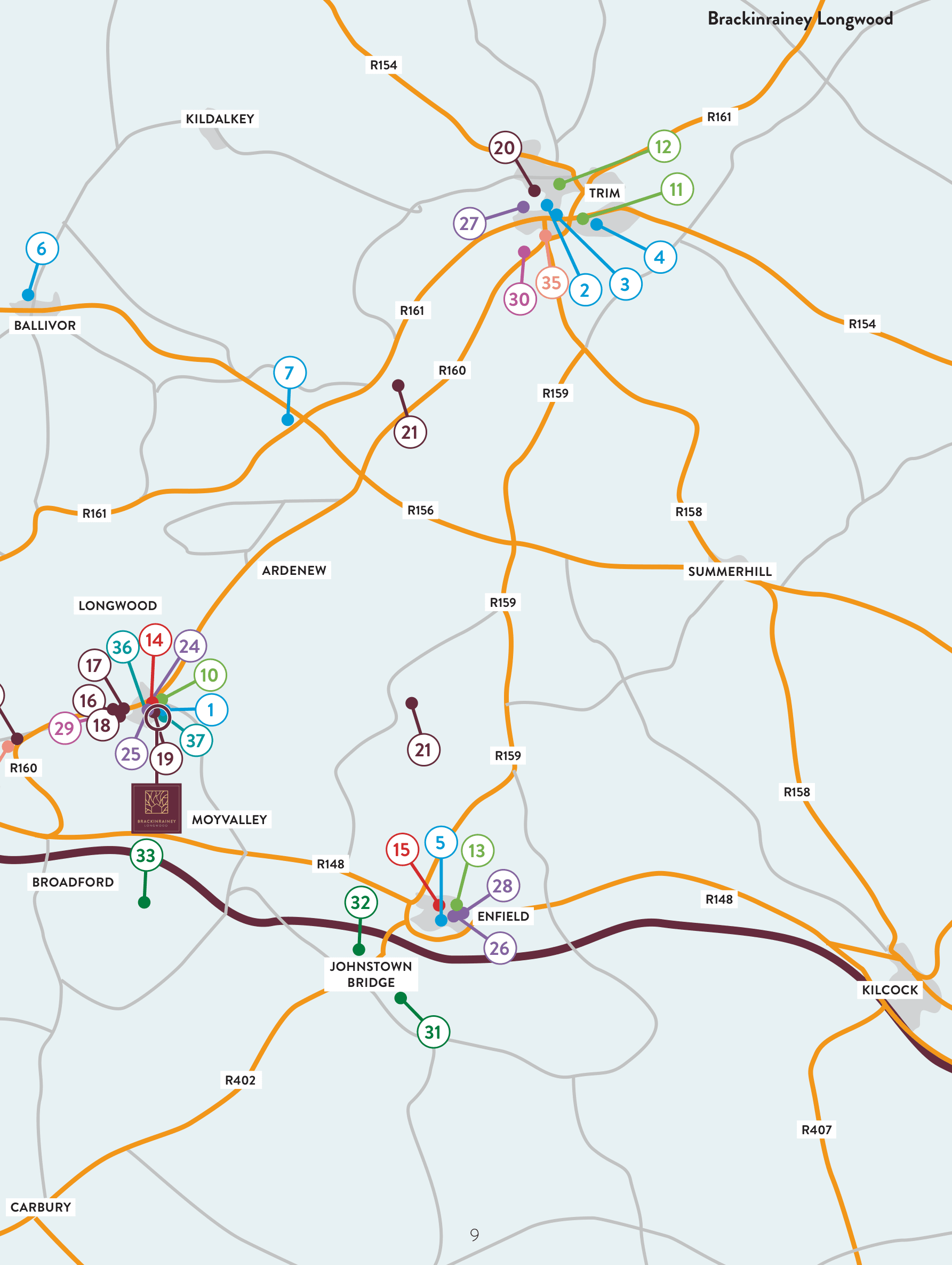Map of amenities around Longwood: schools, sport, shopping, health, hotels and attractions